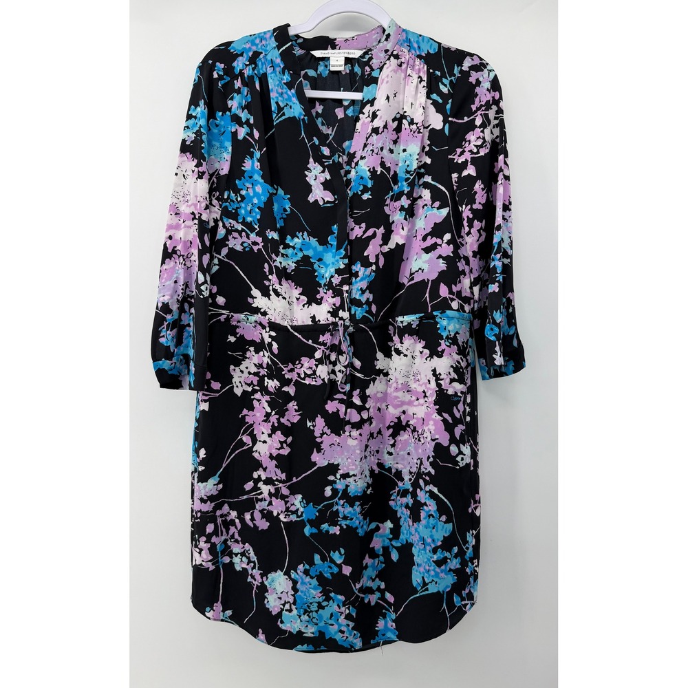 Diane‎ von Furstenberg DVF Black Floral Silk Drawstring Shift Dress Size 4